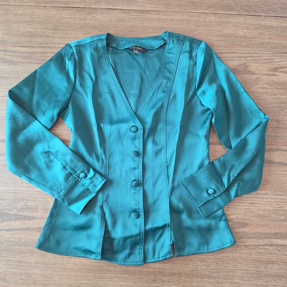 Banana Republic Emerald Green Satin V-Neck Button Front Blouse Size 0